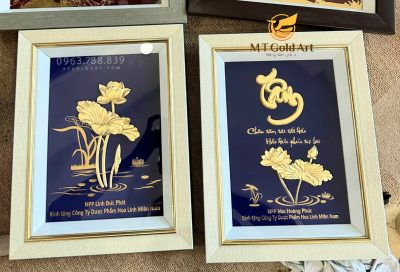 Tranh chữ tâm hoa sen dát vàng 24k