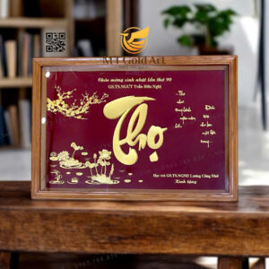 Tranh chữ thọ hoa sen dát vàng 24k